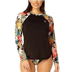 Hurley Women’s XXL UPF 50+ Long Sleeve Rash Guard Black Floral Surf Swim Top